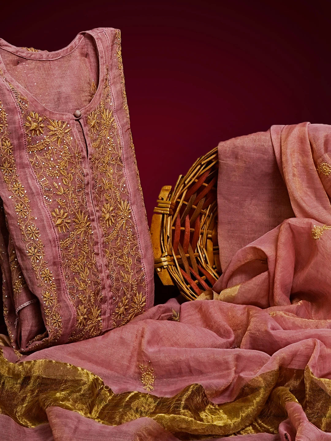 Ada Hand Embroidered Onion Pink Tissue Lucknowi Chikankari Semi-stitched Kurta Dupatta Set With Muqaish Work 01A543835