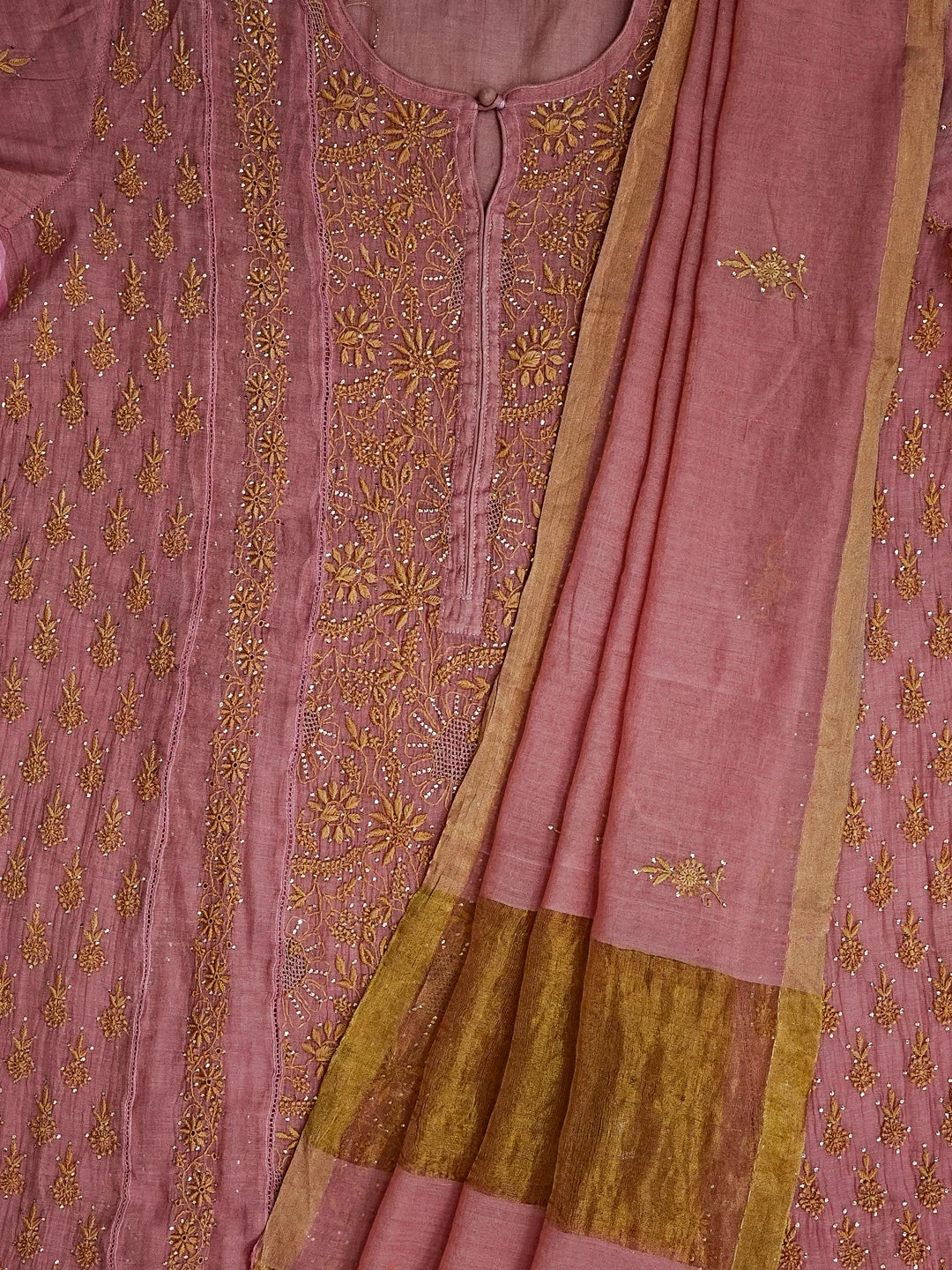 Ada Hand Embroidered Onion Pink Tissue Lucknowi Chikankari Semi-stitched Kurta Dupatta Set With Muqaish Work 01A543835