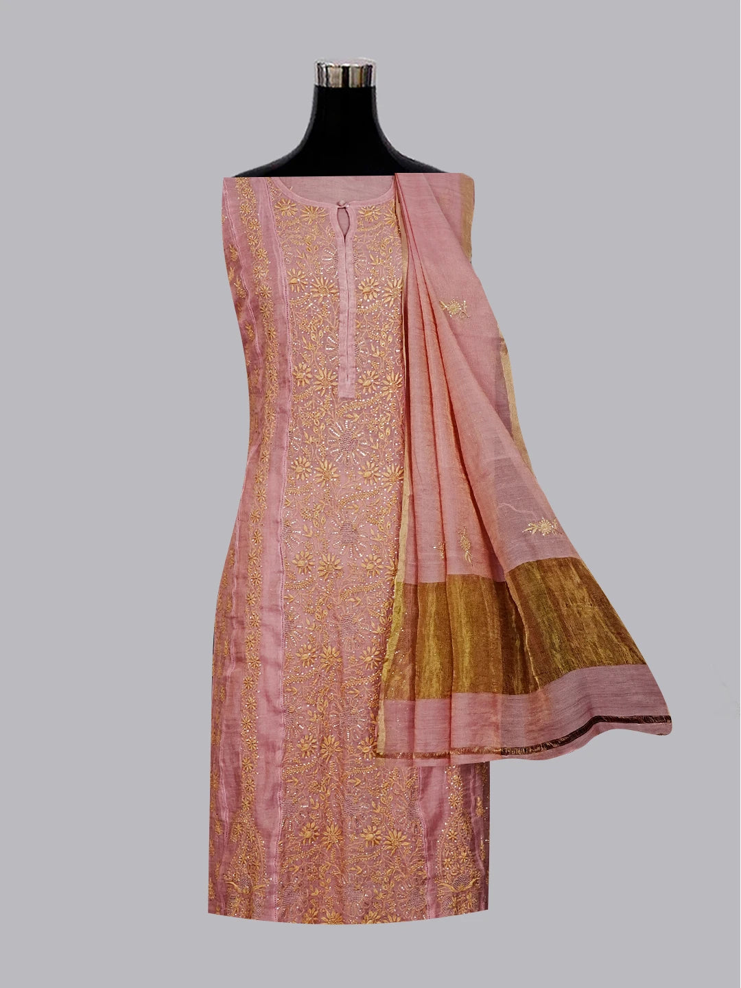 Ada Hand Embroidered Onion Pink Tissue Lucknowi Chikankari Semi-stitched Kurta Dupatta Set With Muqaish Work 01A543835