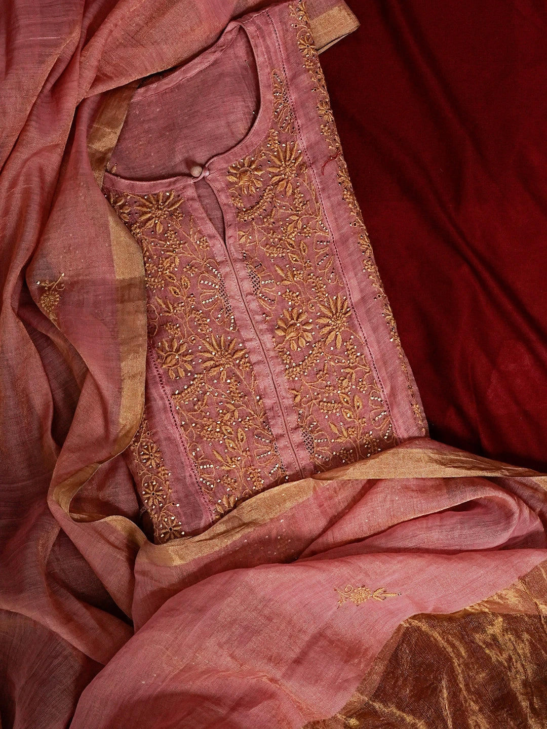 Ada Hand Embroidered Onion Pink Tissue Lucknowi Chikankari Semi-stitched Kurta Dupatta Set With Muqaish Work 01A543835