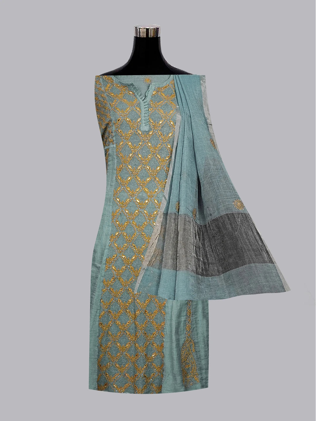 Ada Hand Embroidered Carolina Blue Tissue Lucknowi Chikankari Semi-stitched Kurta Dupatta Set With Muqaish Work 01A543932