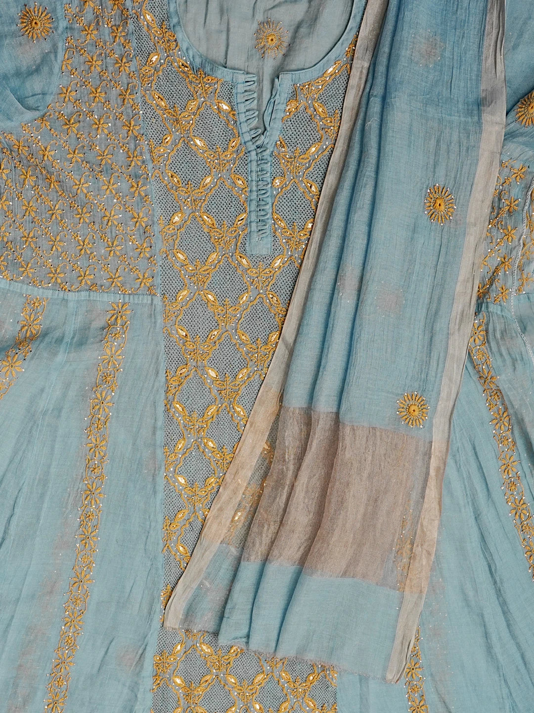 Ada Hand Embroidered Carolina Blue Tissue Lucknowi Chikankari Semi-stitched Kurta Dupatta Set With Muqaish Work 01A543932