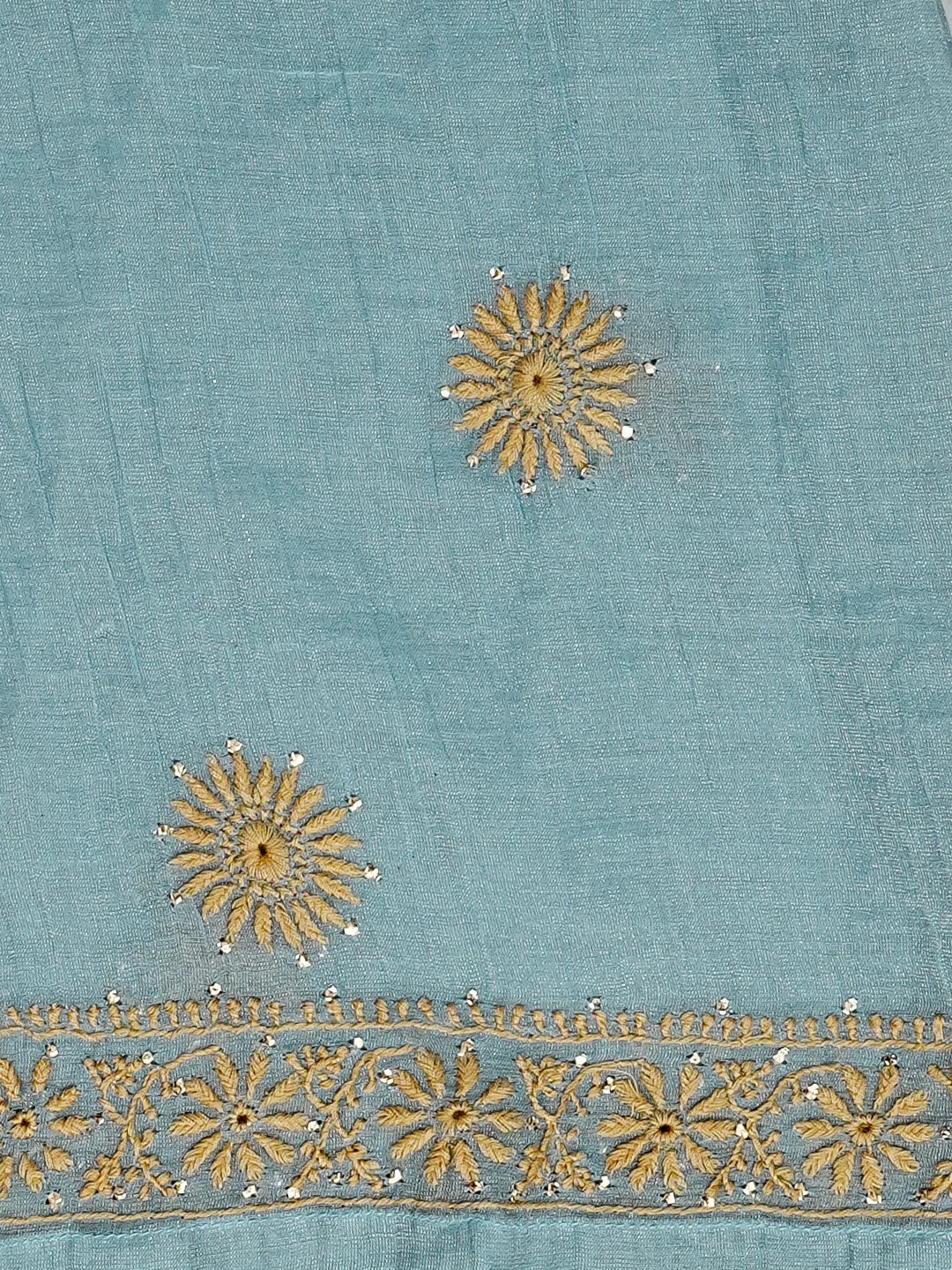 Ada Hand Embroidered Carolina Blue Tissue Lucknowi Chikankari Semi-stitched Kurta Dupatta Set With Muqaish Work 01A543932