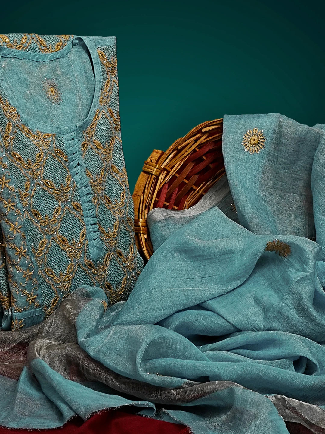 Ada Hand Embroidered Carolina Blue Tissue Lucknowi Chikankari Semi-stitched Kurta Dupatta Set With Muqaish Work 01A543932