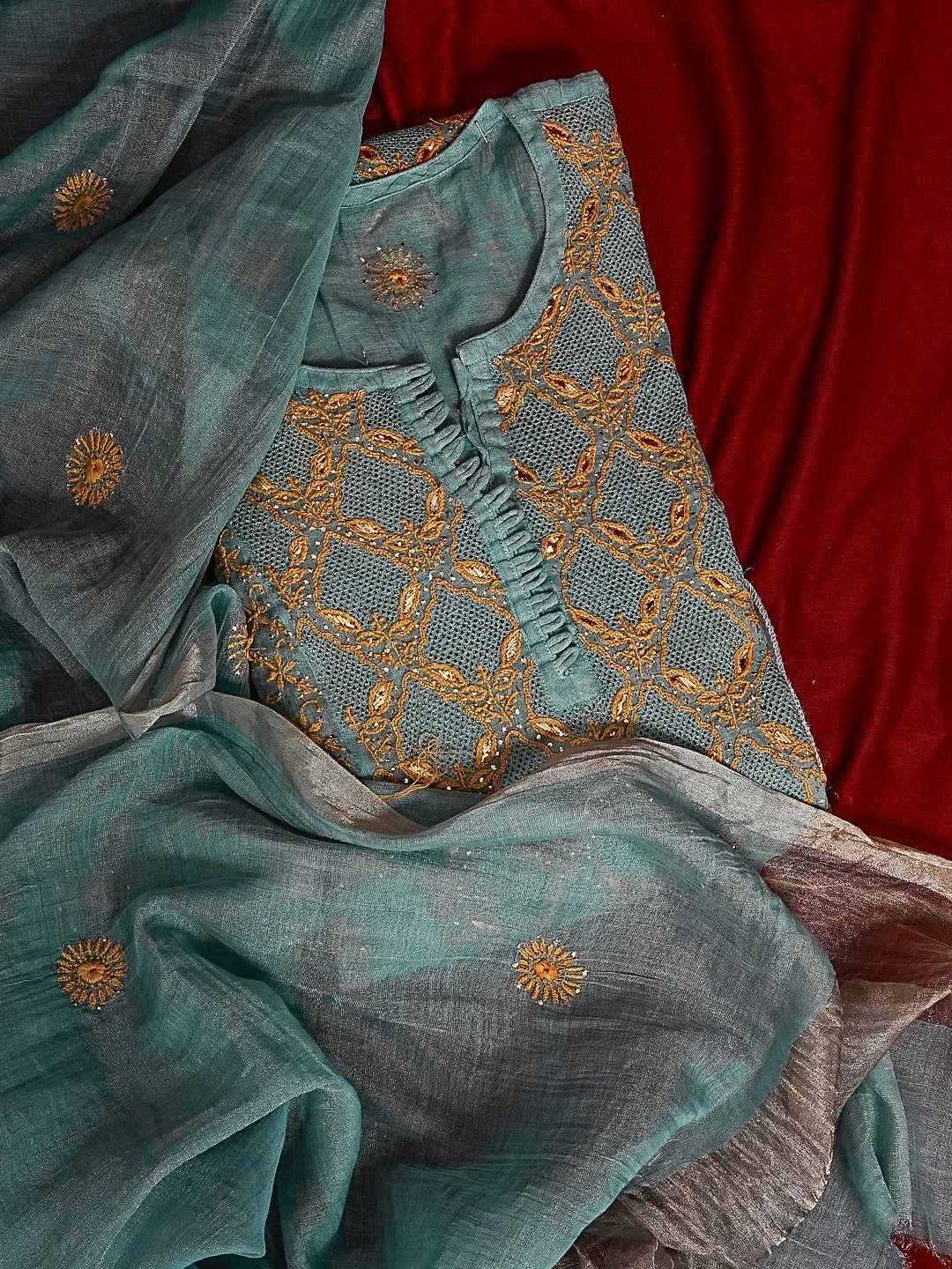 Ada Hand Embroidered Carolina Blue Tissue Lucknowi Chikankari Semi-stitched Kurta Dupatta Set With Muqaish Work 01A543932