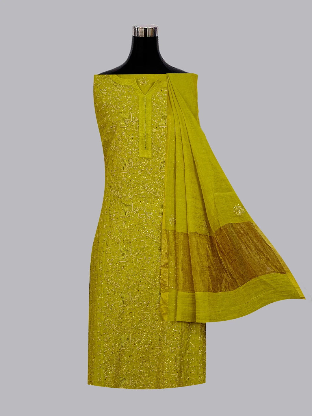 Ada Hand Embroidered Mehendi Green Tissue Lucknowi Chikankari Semi-stitched Kurta Dupatta Set With Muqaish Work 01A520345