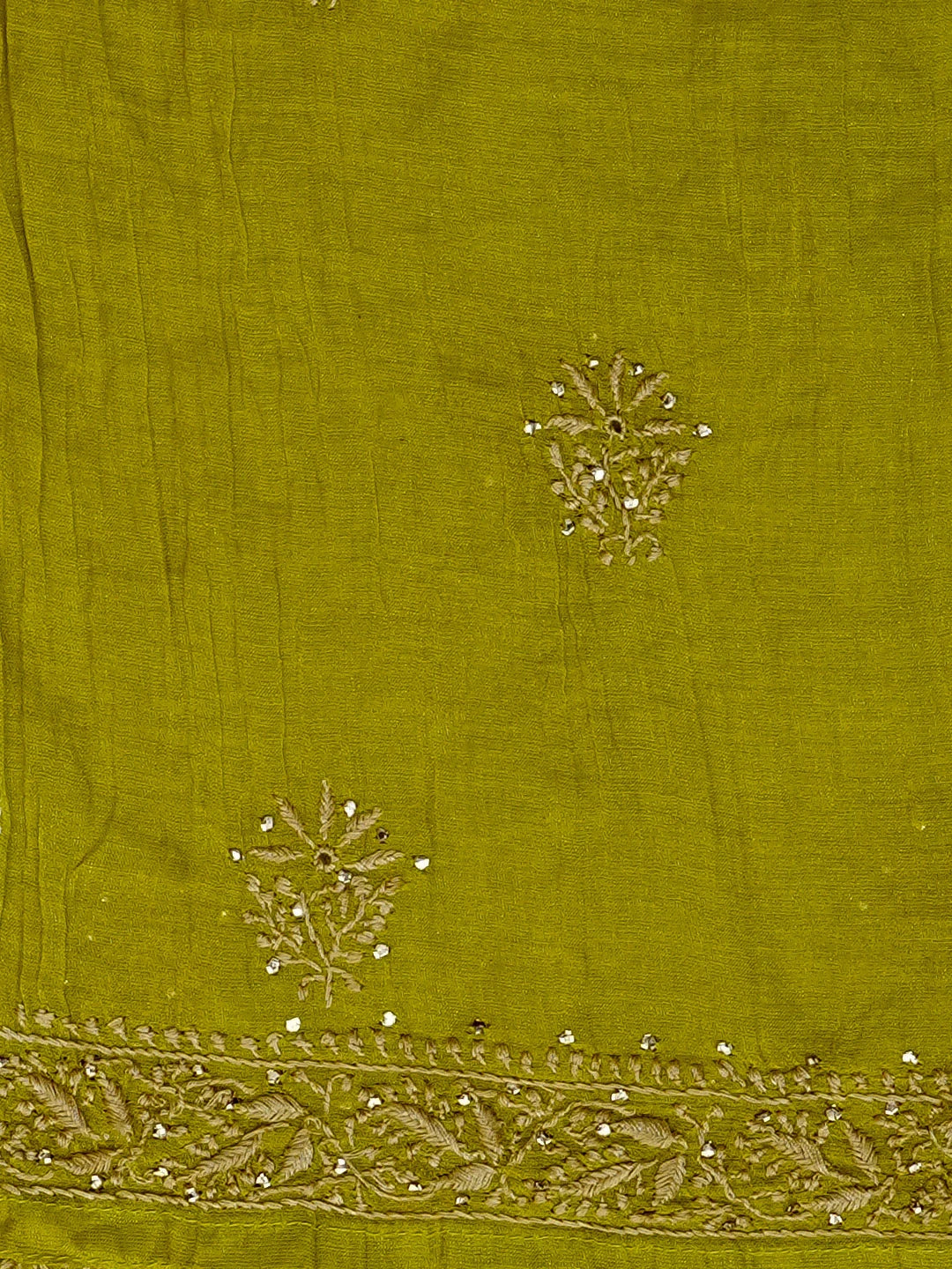 Ada Hand Embroidered Mehendi Green Tissue Lucknowi Chikankari Semi-stitched Kurta Dupatta Set With Muqaish Work 01A520345