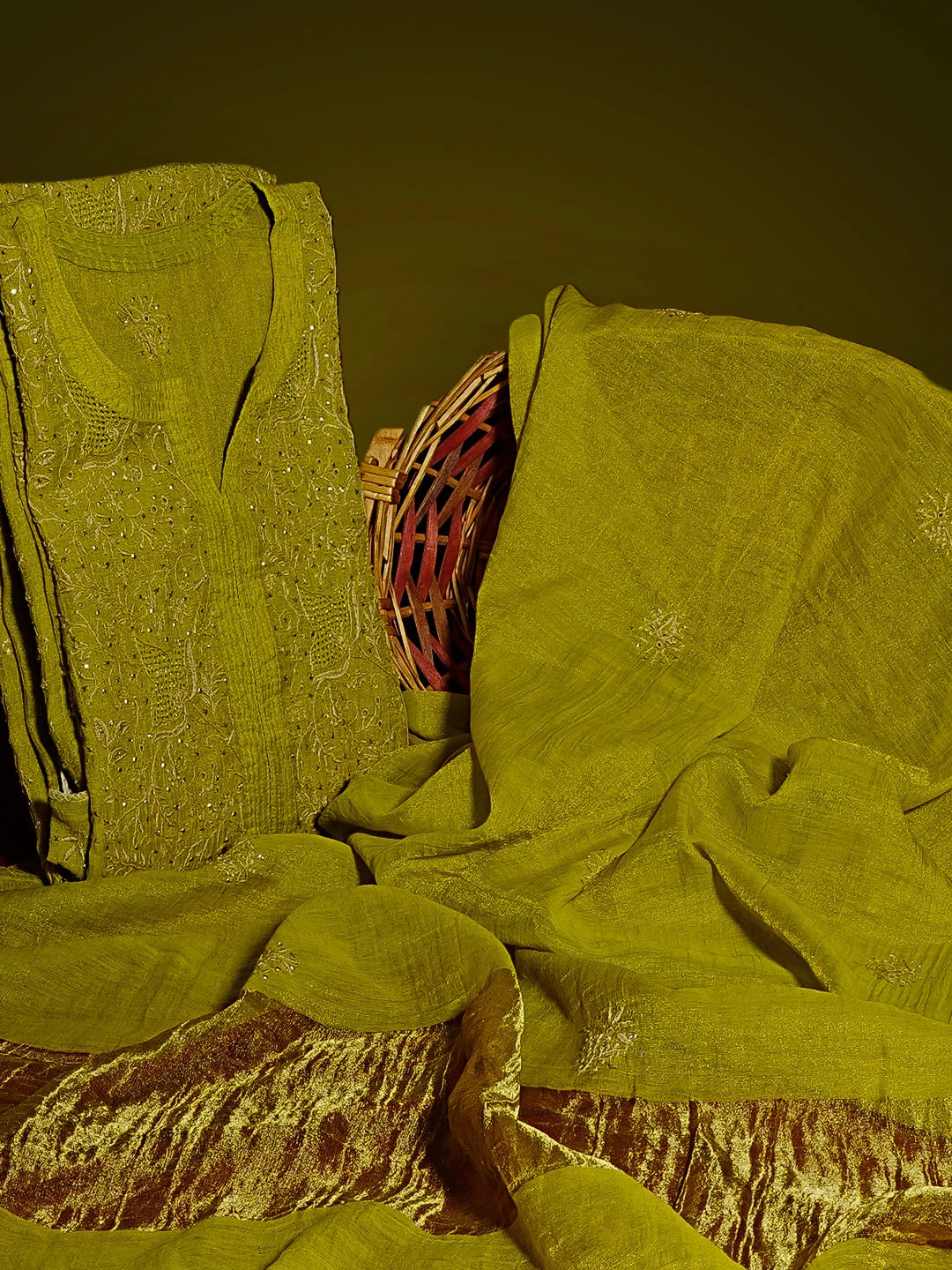 Ada Hand Embroidered Mehendi Green Tissue Lucknowi Chikankari Semi-stitched Kurta Dupatta Set With Muqaish Work 01A520345