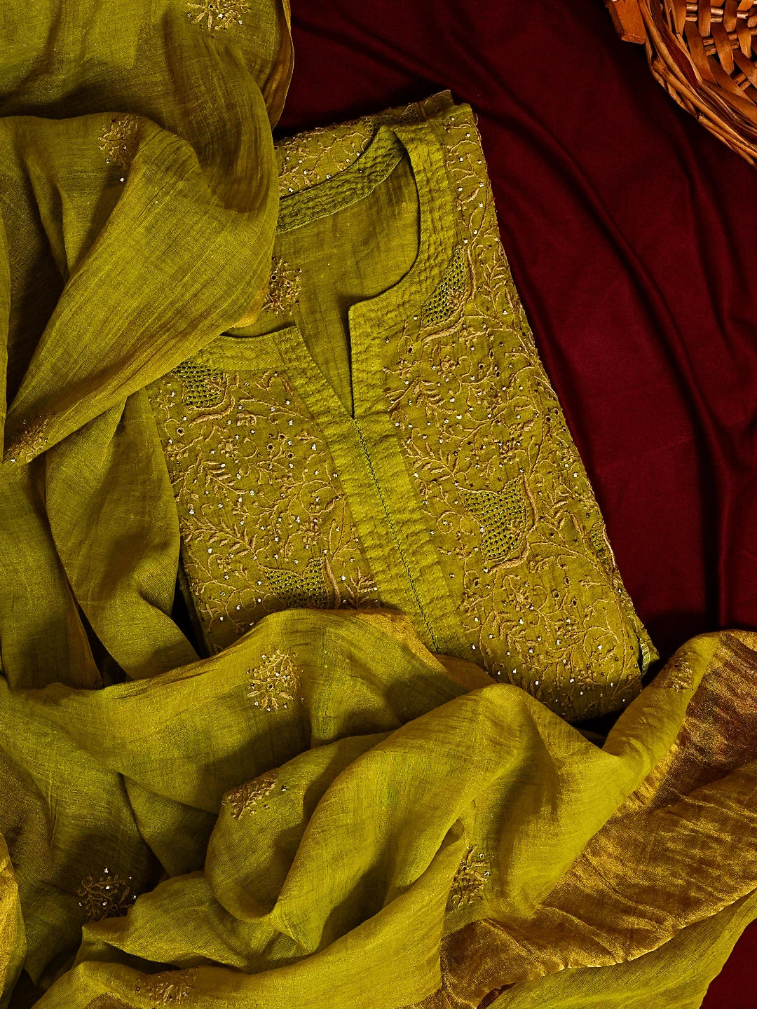 Ada Hand Embroidered Mehendi Green Tissue Lucknowi Chikankari Semi-stitched Kurta Dupatta Set With Muqaish Work 01A520345