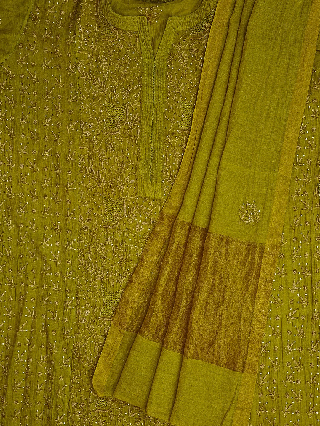 Ada Hand Embroidered Mehendi Green Tissue Lucknowi Chikankari Semi-stitched Kurta Dupatta Set With Muqaish Work 01A520345