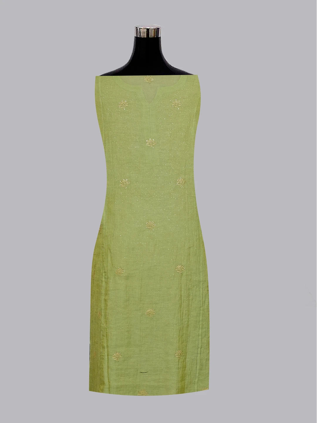 Ada Hand Embroidered Olive Green Tissue Lucknowi Chikankari Semi-stitched Kurta Dupatta Set With Muqaish Work 01A543816