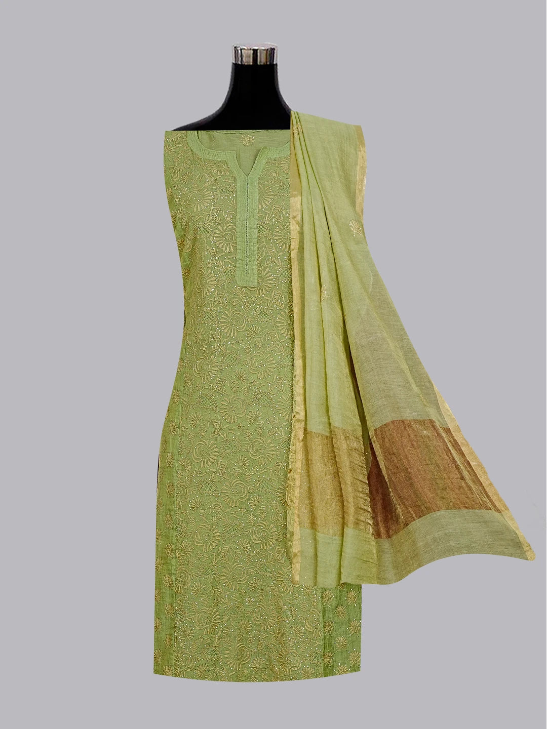 Ada Hand Embroidered Olive Green Tissue Lucknowi Chikankari Semi-stitched Kurta Dupatta Set With Muqaish Work 01A543816