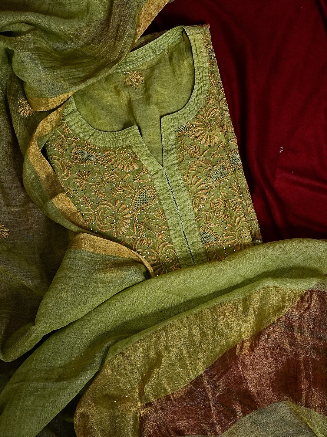 Ada Hand Embroidered Olive Green Tissue Lucknowi Chikankari Semi-stitched Kurta Dupatta Set With Muqaish Work 01A543816