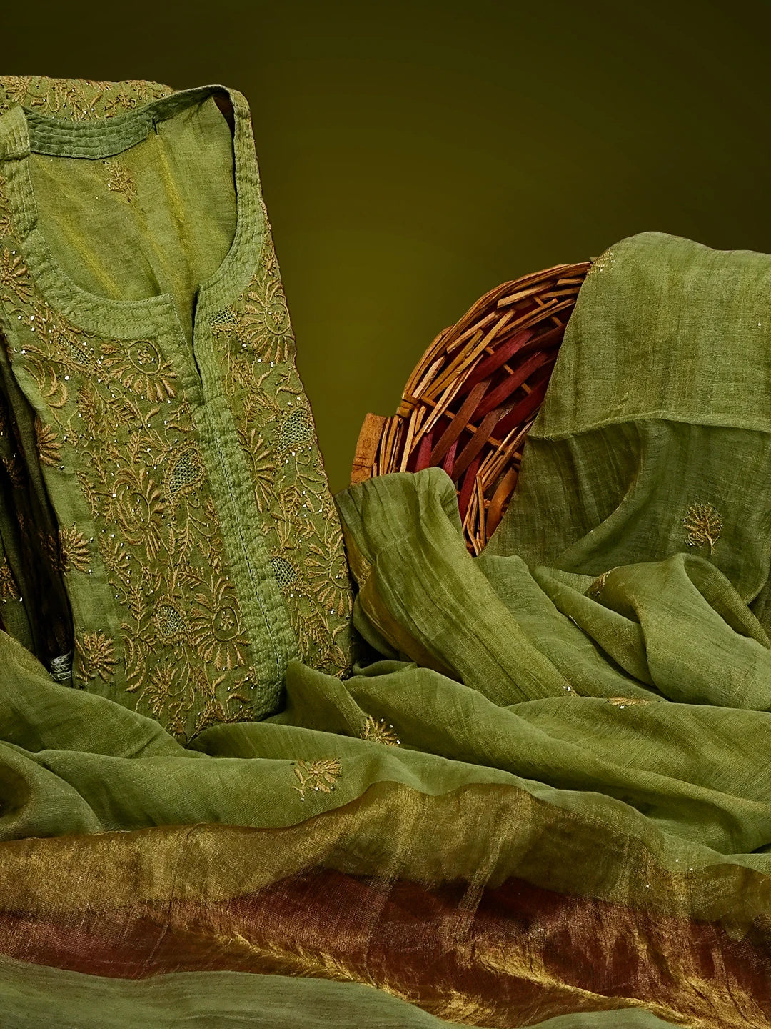 Ada Hand Embroidered Olive Green Tissue Lucknowi Chikankari Semi-stitched Kurta Dupatta Set With Muqaish Work 01A543816