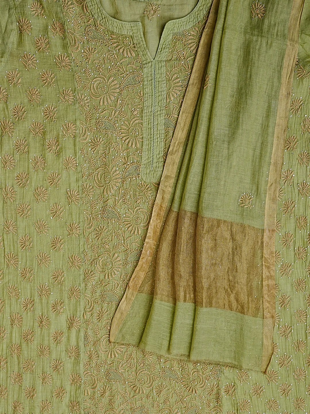 Ada Hand Embroidered Olive Green Tissue Lucknowi Chikankari Semi-stitched Kurta Dupatta Set With Muqaish Work 01A543816