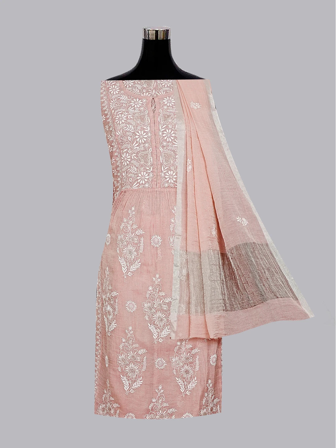 Ada Hand Embroidered Dusty Pink Tissue Lucknowi Chikankari Semi-stitched Kurta Dupatta Set With Muqaish Work 01A543903