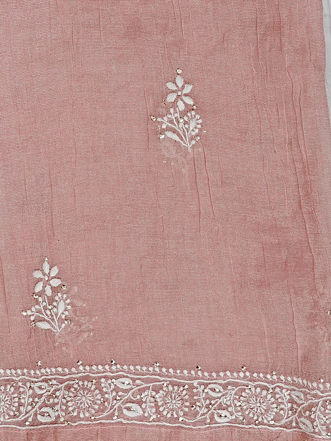 Ada Hand Embroidered Dusty Pink Tissue Lucknowi Chikankari Semi-stitched Kurta Dupatta Set With Muqaish Work 01A543903