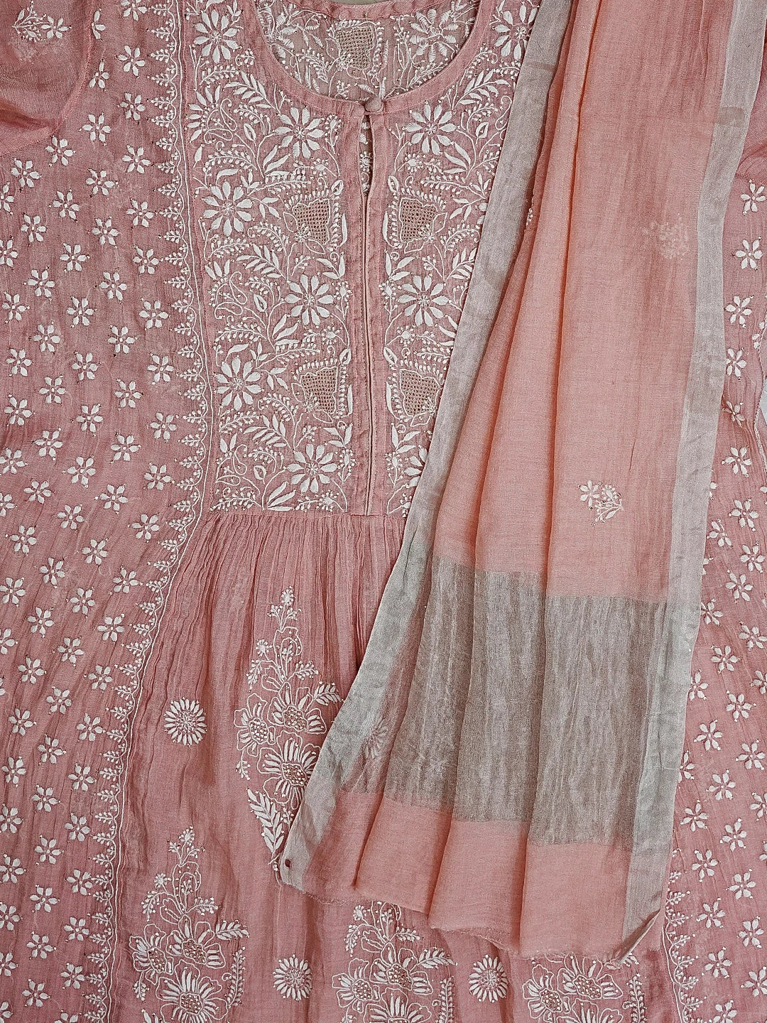 Ada Hand Embroidered Dusty Pink Tissue Lucknowi Chikankari Semi-stitched Kurta Dupatta Set With Muqaish Work 01A543903