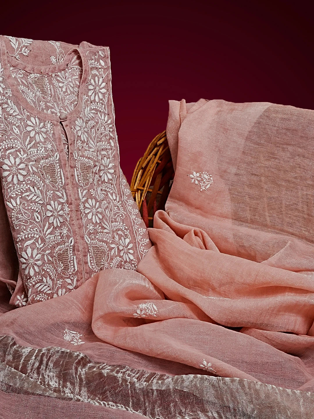 Ada Hand Embroidered Dusty Pink Tissue Lucknowi Chikankari Semi-stitched Kurta Dupatta Set With Muqaish Work 01A543903