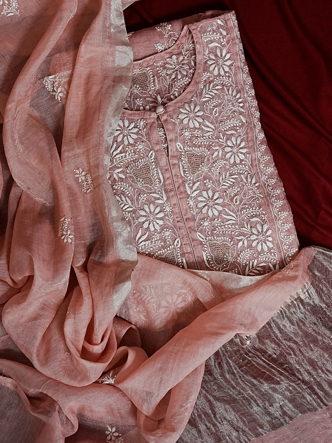 Ada Hand Embroidered Dusty Pink Tissue Lucknowi Chikankari Semi-stitched Kurta Dupatta Set With Muqaish Work 01A543903