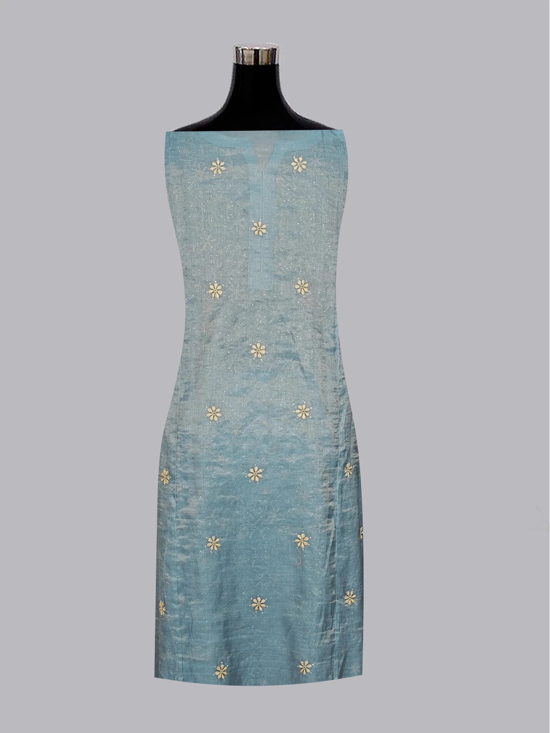 Ada Hand Embroidered Teal Blue Tissue Lucknowi Chikankari Semi-stitched Kurta Dupatta Set With Muqaish Work 01A543819