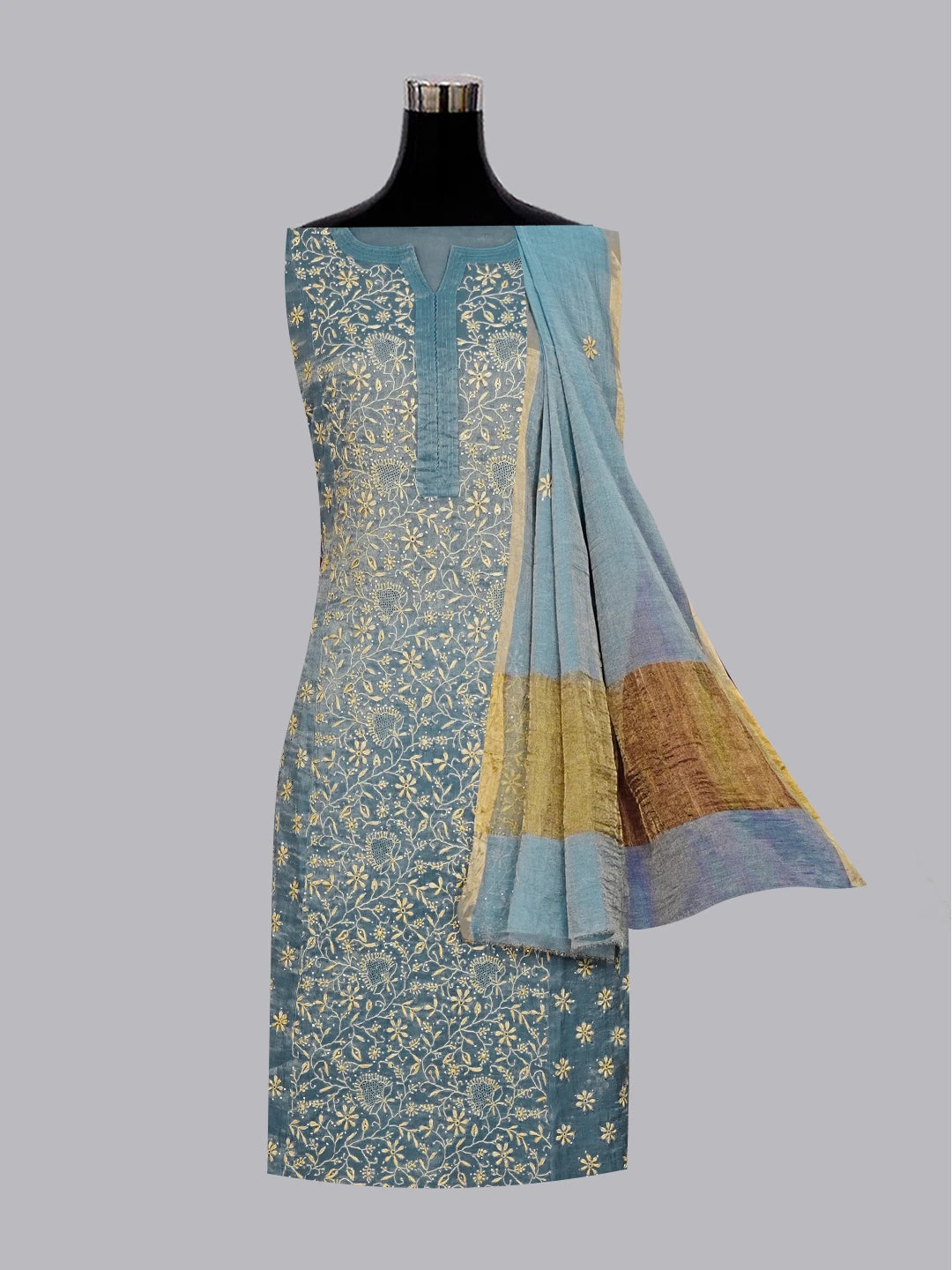 Ada Hand Embroidered Teal Blue Tissue Lucknowi Chikankari Semi-stitched Kurta Dupatta Set With Muqaish Work 01A543819