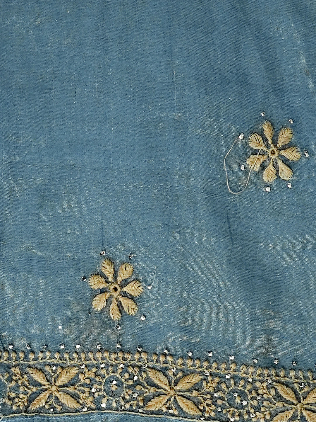 Ada Hand Embroidered Teal Blue Tissue Lucknowi Chikankari Semi-stitched Kurta Dupatta Set With Muqaish Work 01A543819