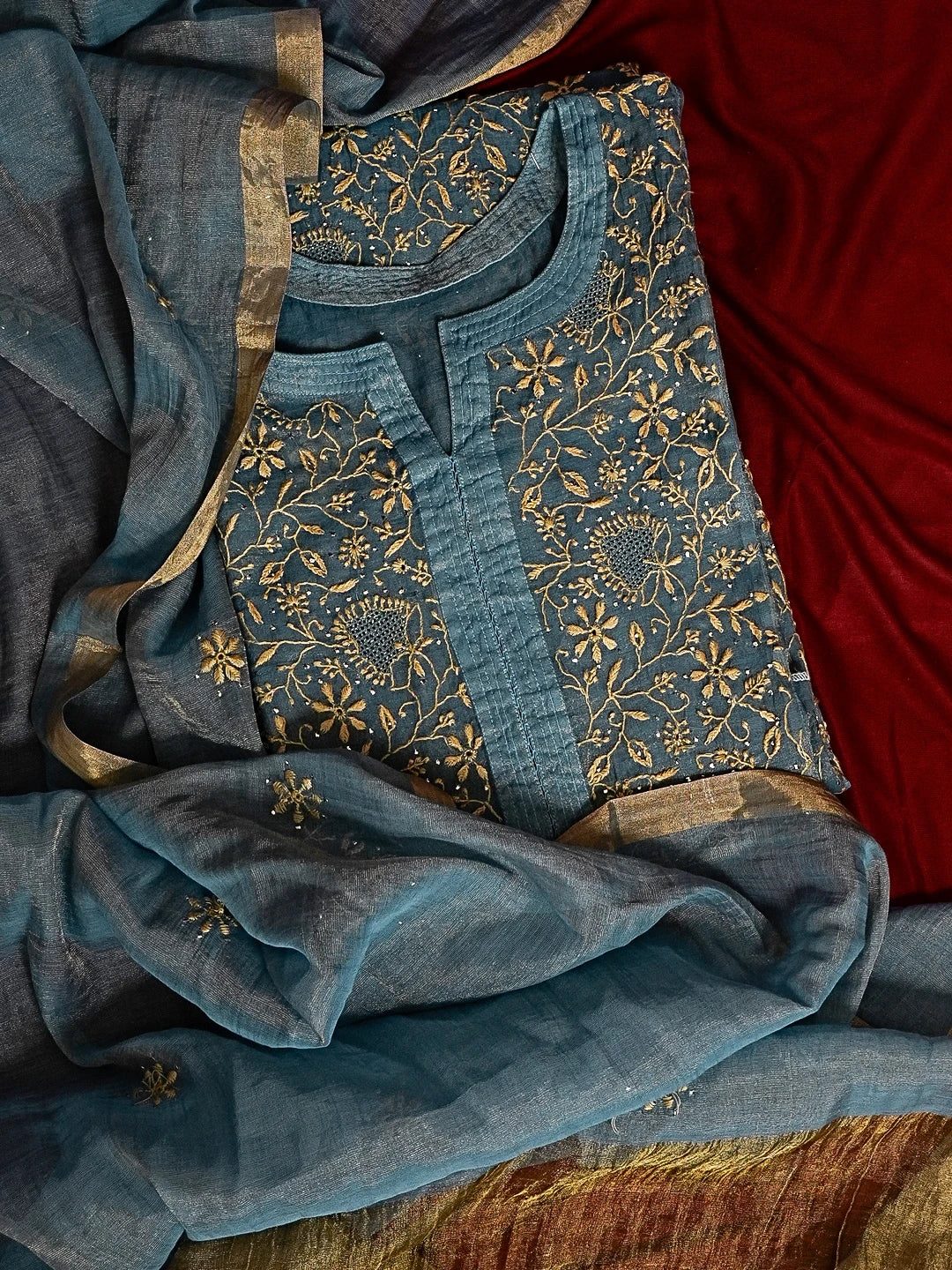 Ada Hand Embroidered Teal Blue Tissue Lucknowi Chikankari Semi-stitched Kurta Dupatta Set With Muqaish Work 01A543819