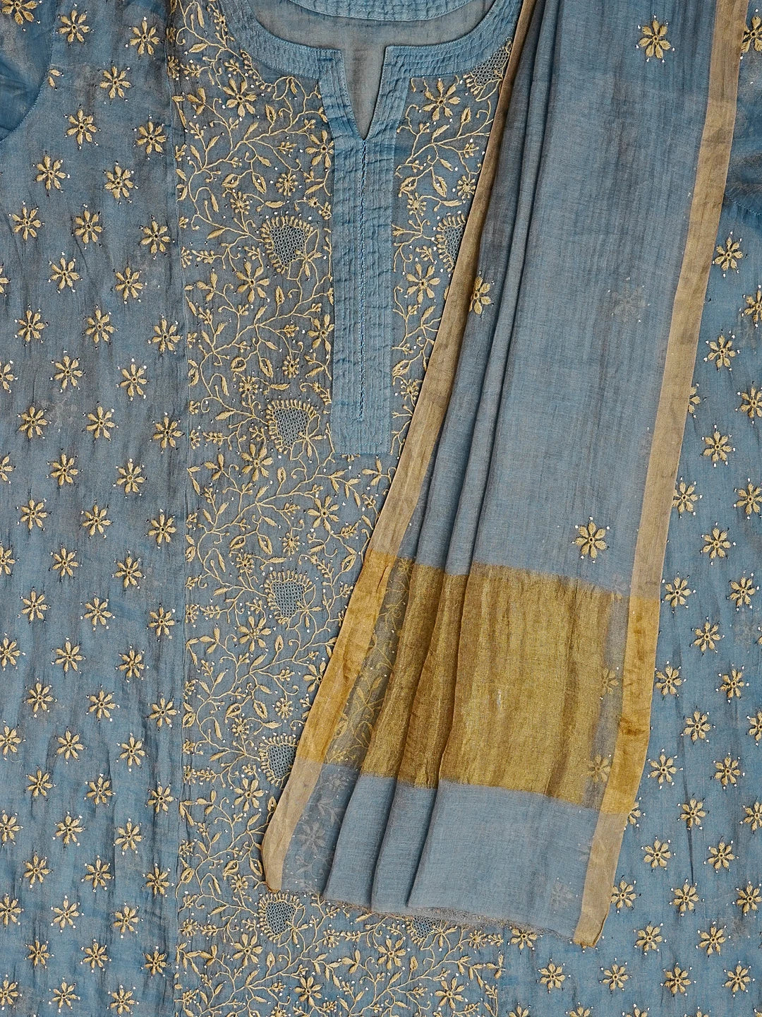 Ada Hand Embroidered Teal Blue Tissue Lucknowi Chikankari Semi-stitched Kurta Dupatta Set With Muqaish Work 01A543819
