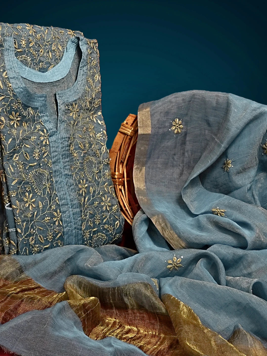 Ada Hand Embroidered Teal Blue Tissue Lucknowi Chikankari Semi-stitched Kurta Dupatta Set With Muqaish Work 01A543819