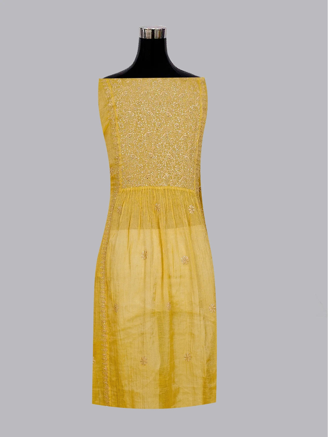 Ada Hand Embroidered Dijon Yellow Tissue Lucknowi Chikankari Semi-stitched Kurta Dupatta Set With Muqaish Work 01A543871
