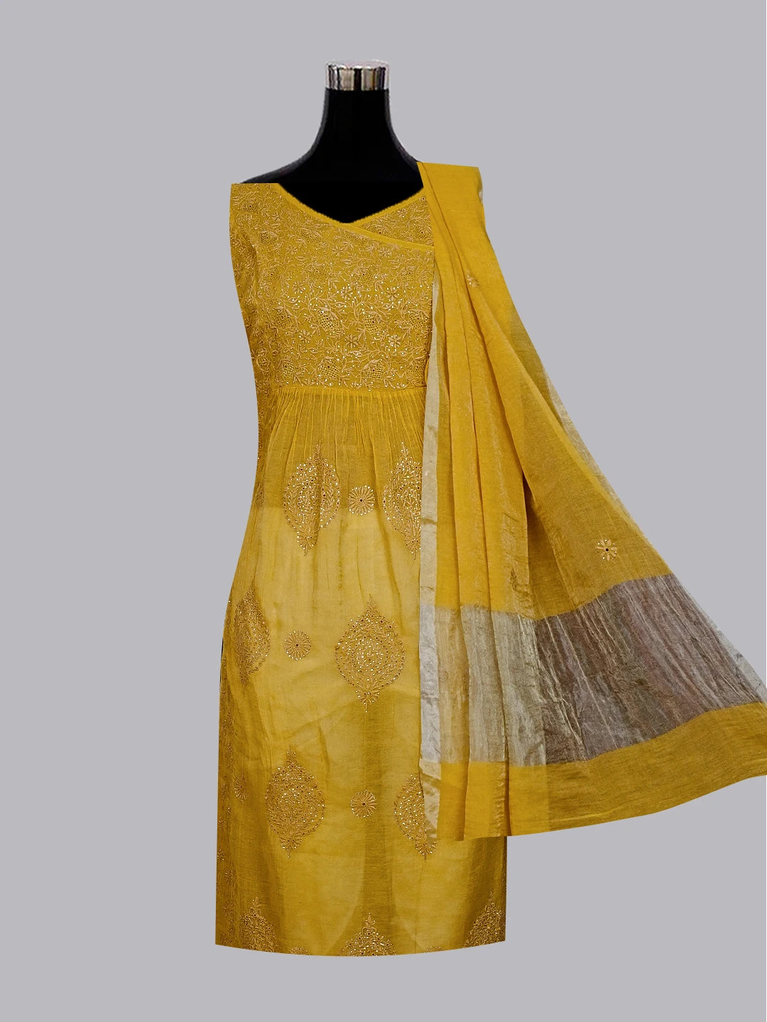 Ada Hand Embroidered Dijon Yellow Tissue Lucknowi Chikankari Semi-stitched Kurta Dupatta Set With Muqaish Work 01A543871