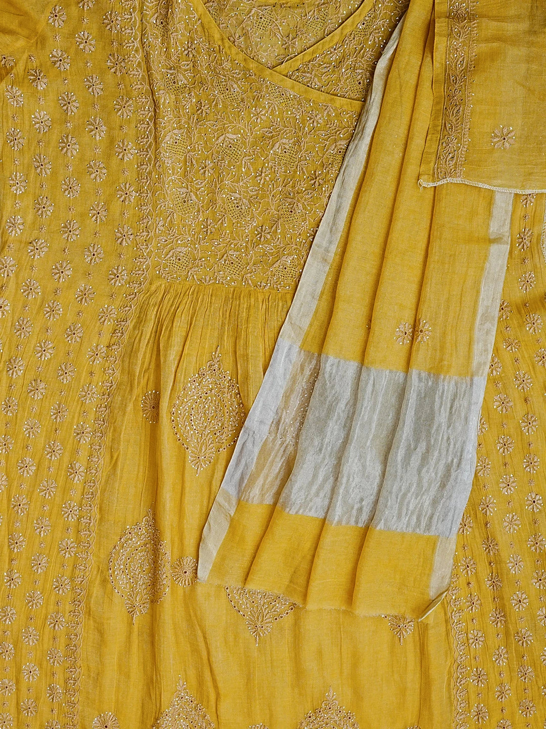 Ada Hand Embroidered Dijon Yellow Tissue Lucknowi Chikankari Semi-stitched Kurta Dupatta Set With Muqaish Work 01A543871