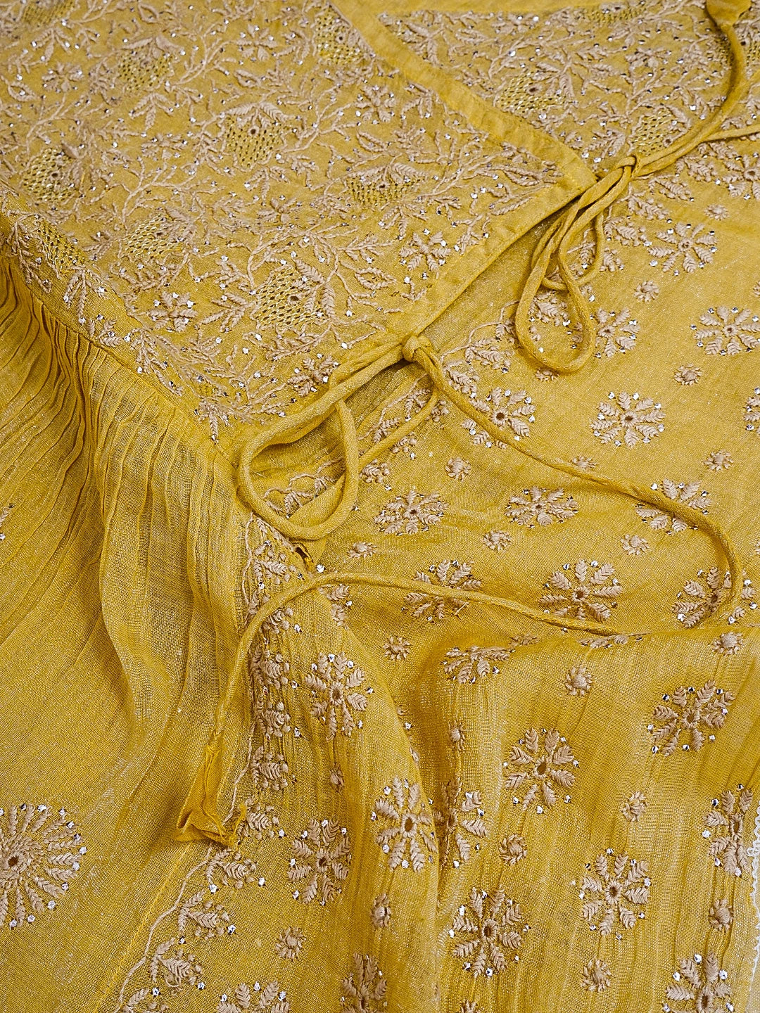 Ada Hand Embroidered Dijon Yellow Tissue Lucknowi Chikankari Semi-stitched Kurta Dupatta Set With Muqaish Work 01A543871