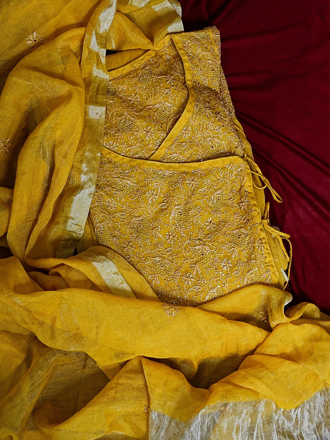Ada Hand Embroidered Dijon Yellow Tissue Lucknowi Chikankari Semi-stitched Kurta Dupatta Set With Muqaish Work 01A543871