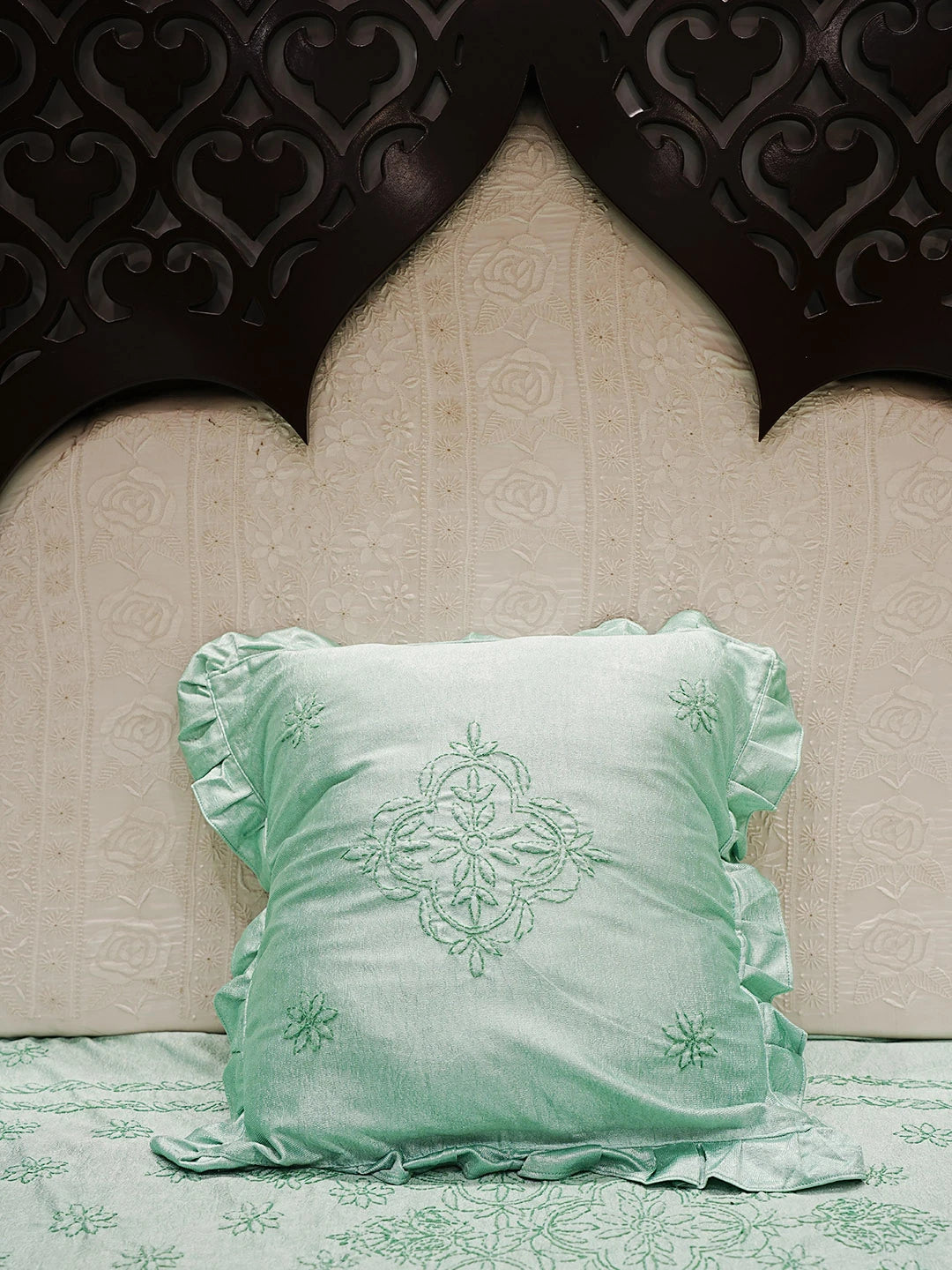 Ada Hand Embroidered Sea Green Silk Lucknowi Chikankari Bed Sheet With Pillow And Cushion Cover Set 01A483958
