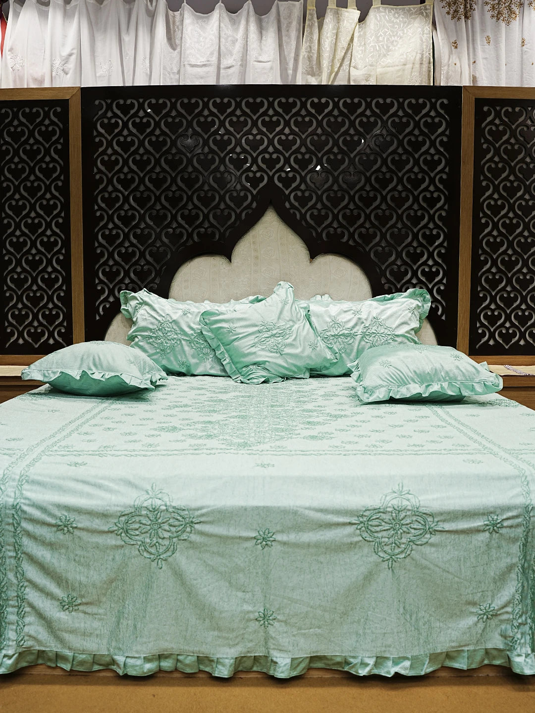 Ada Hand Embroidered Sea Green Silk Lucknowi Chikankari Bed Sheet With Pillow And Cushion Cover Set 01A483958