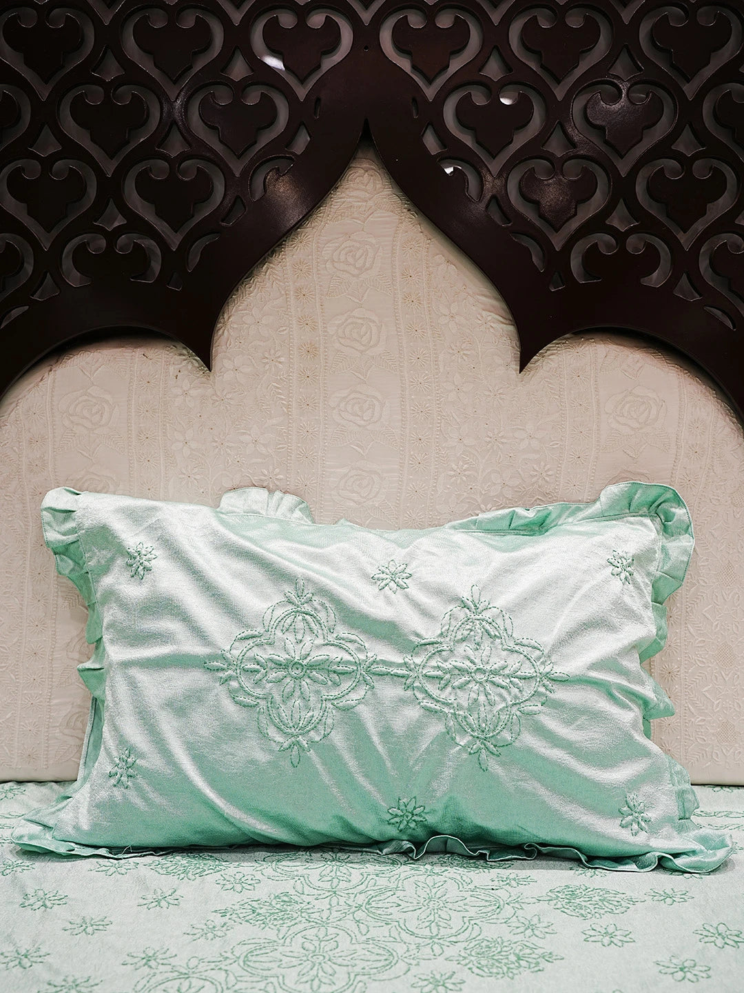 Ada Hand Embroidered Sea Green Silk Lucknowi Chikankari Bed Sheet With Pillow And Cushion Cover Set 01A483958