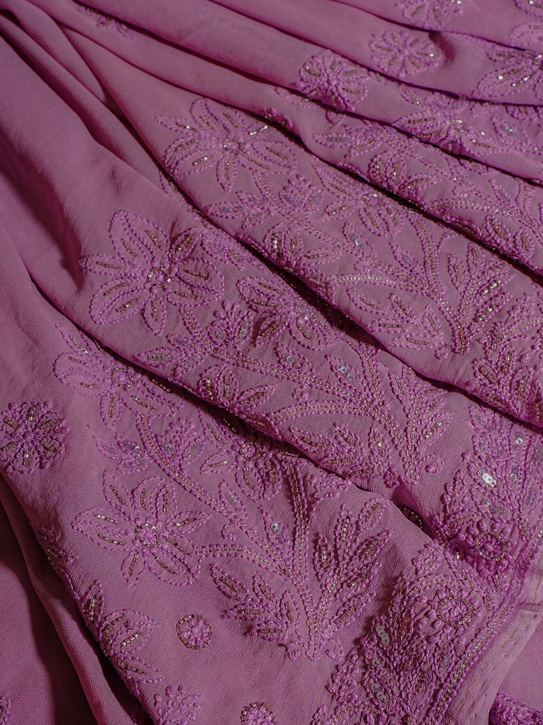 Ada Hand Embroidered Mauve Viscose Georgette Lucknowi Chikankari Saree/Blouse With Sequinned Work 01A510469