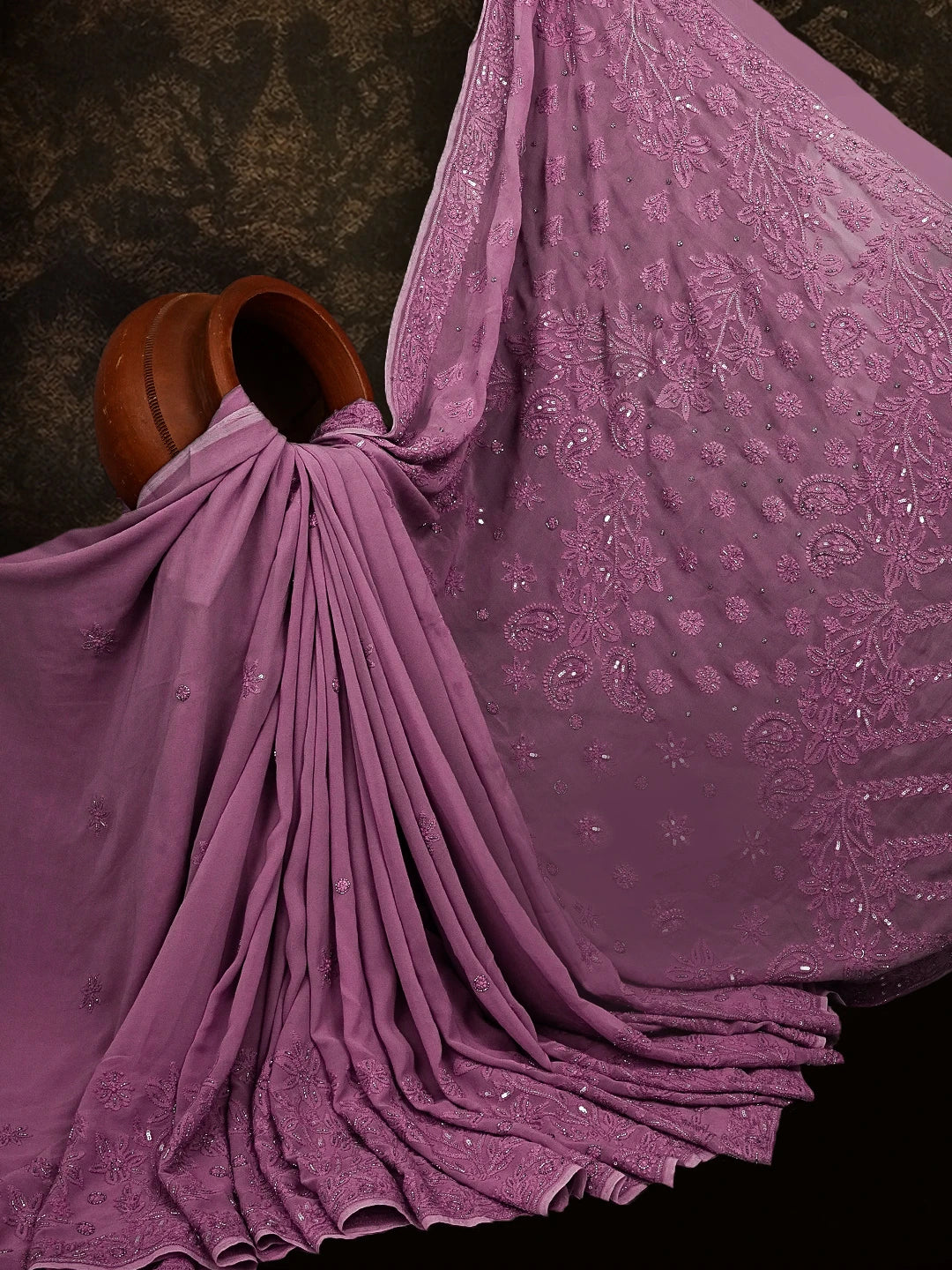 Ada Hand Embroidered Mauve Viscose Georgette Lucknowi Chikankari Saree/Blouse With Sequinned Work 01A510469