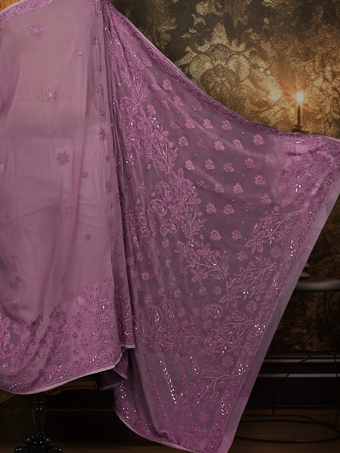Ada Hand Embroidered Mauve Viscose Georgette Lucknowi Chikankari Saree/Blouse With Sequinned Work 01A510469