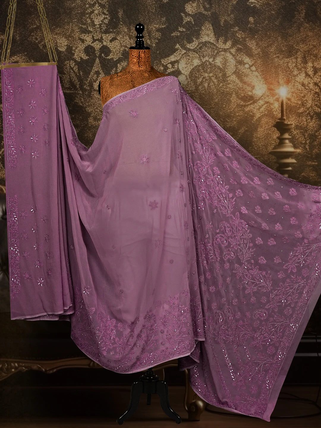 Ada Hand Embroidered Mauve Viscose Georgette Lucknowi Chikankari Saree/Blouse With Sequinned Work 01A510469