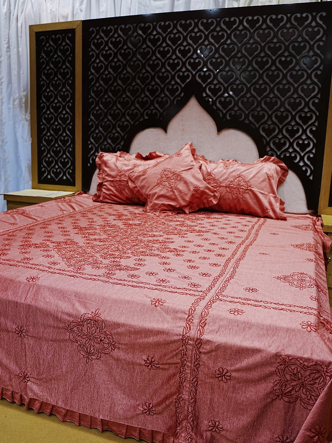 Ada Hand Embroidered Dark Peach Silk Lucknowi Chikankari Bed Sheet With Pillow And Cushion Cover Set 01A483960