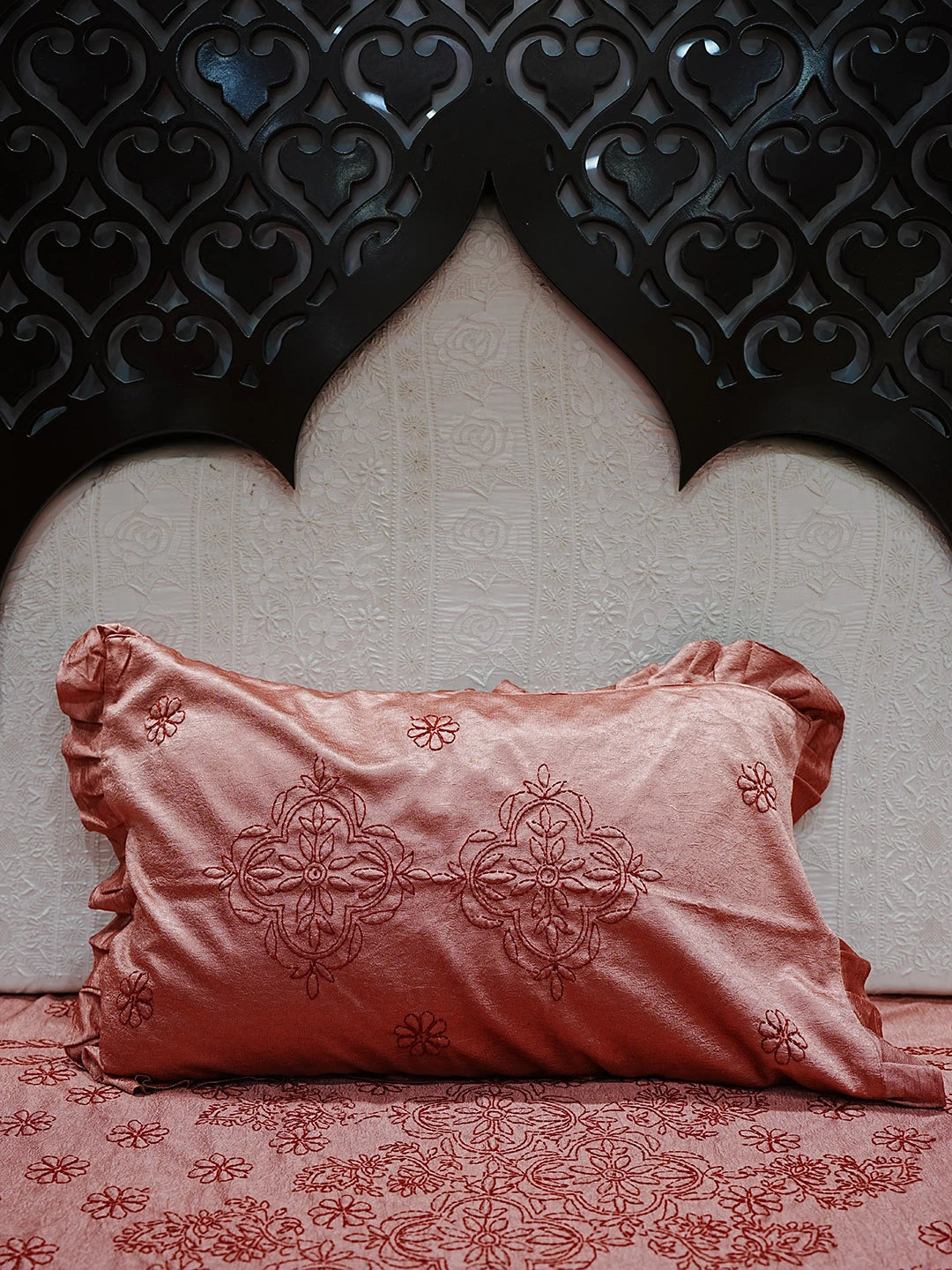 Ada Hand Embroidered Dark Peach Silk Lucknowi Chikankari Bed Sheet With Pillow And Cushion Cover Set 01A483960