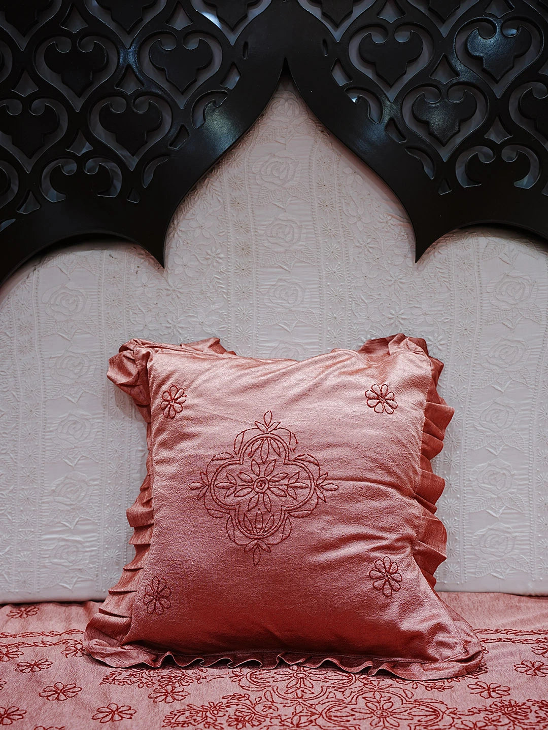 Ada Hand Embroidered Dark Peach Silk Lucknowi Chikankari Bed Sheet With Pillow And Cushion Cover Set 01A483960