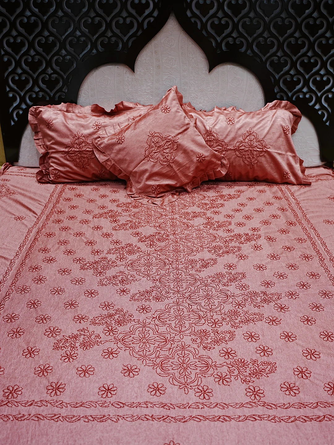 Ada Hand Embroidered Dark Peach Silk Lucknowi Chikankari Bed Sheet With Pillow And Cushion Cover Set 01A483960