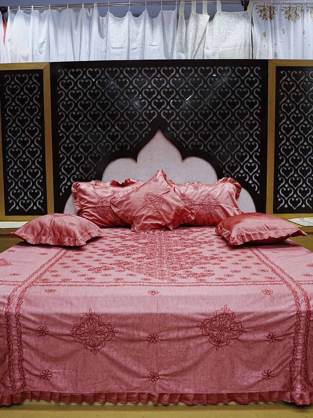 Ada Hand Embroidered Dark Peach Silk Lucknowi Chikankari Bed Sheet With Pillow And Cushion Cover Set 01A483960