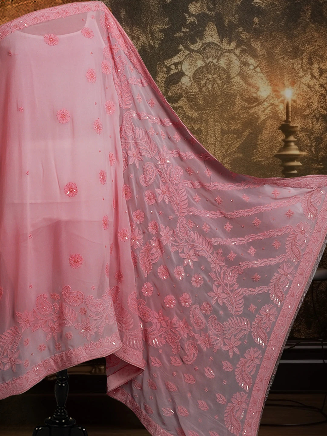 Ada Hand Embroidered Pink Viscose Georgette Lucknowi Chikankari Saree/Blouse With Sequinned Work 01A299133