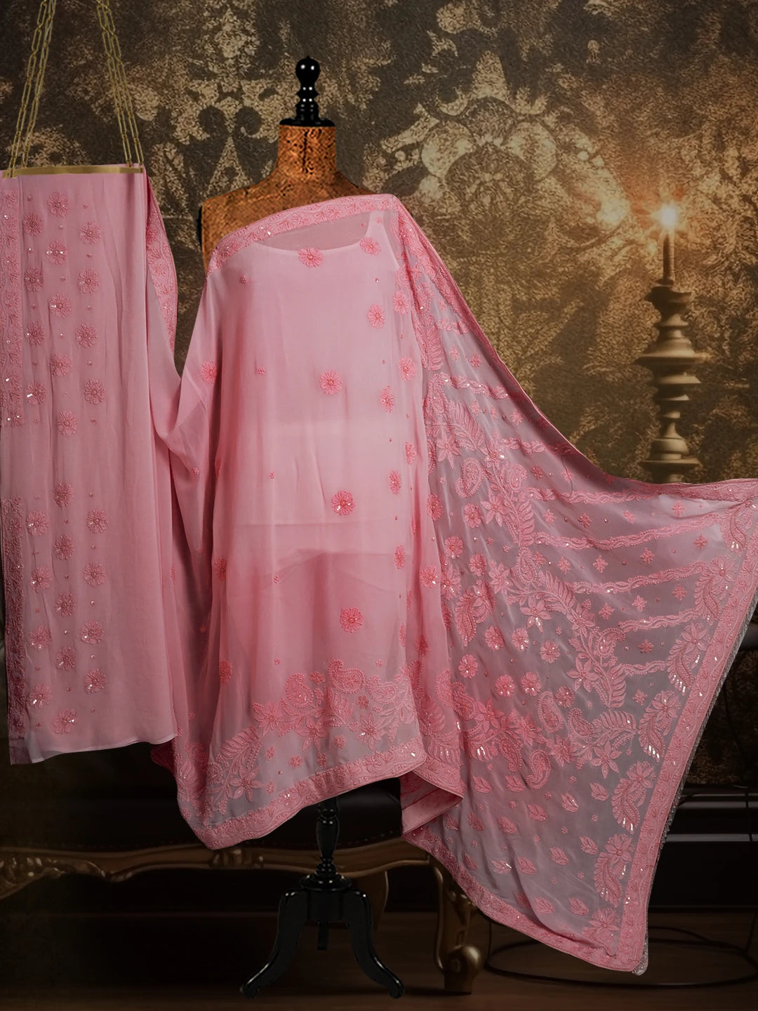 Ada Hand Embroidered Pink Viscose Georgette Lucknowi Chikankari Saree/Blouse With Sequinned Work 01A299133