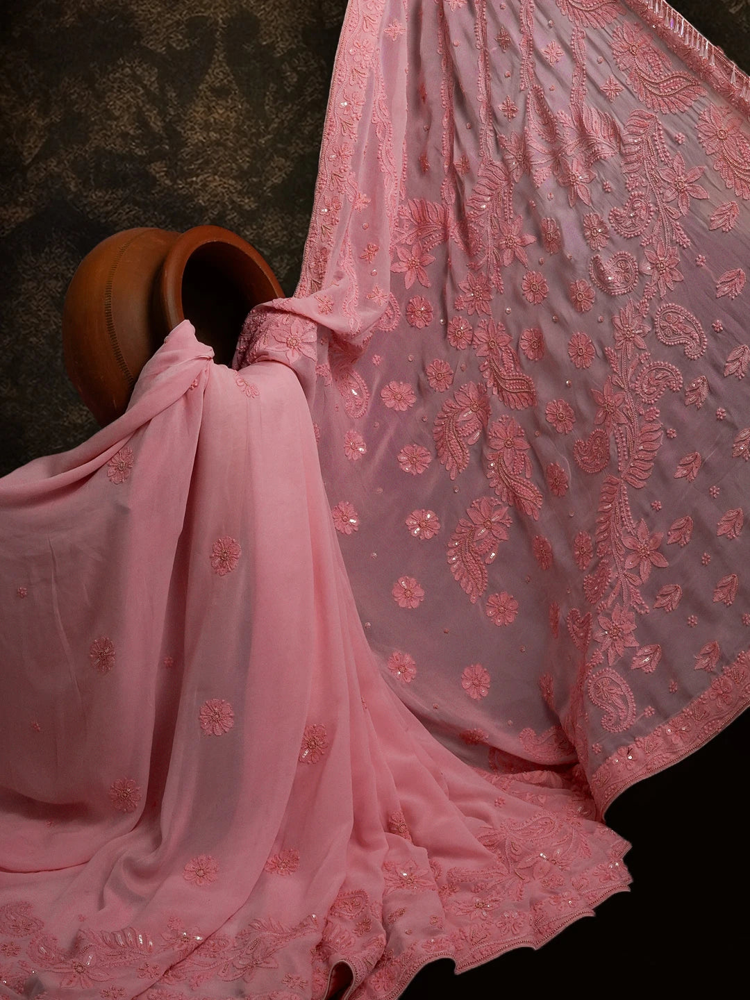Ada Hand Embroidered Pink Viscose Georgette Lucknowi Chikankari Saree/Blouse With Sequinned Work 01A299133